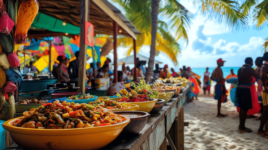 A colorful Caribbean festival with people preparing and enjoying conch salad.