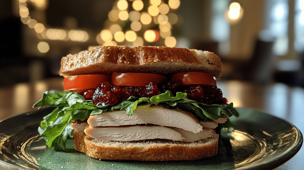 Smoked turkey sandwich with fresh greens and cranberry aioli on artisan bread.