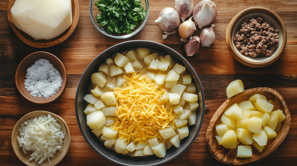 Ingredients for cheesy hamburger potato soup displayed on a kitchen counter.