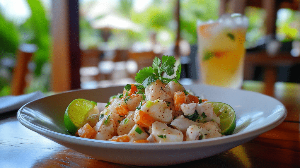 Conch salad elegantly served in a white bowl with lime garnish