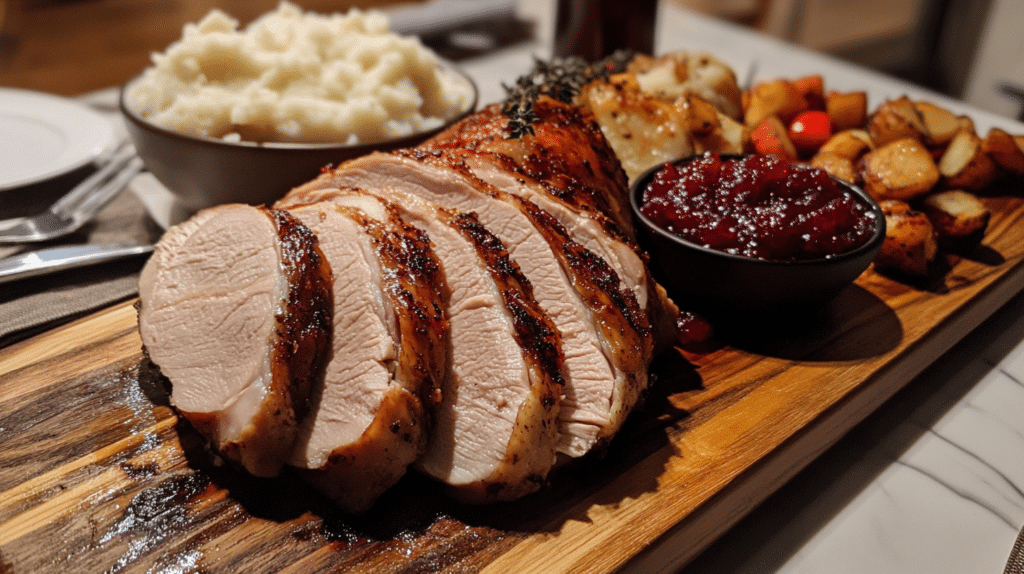Sliced smoked turkey cut served with holiday sides on a wooden board.