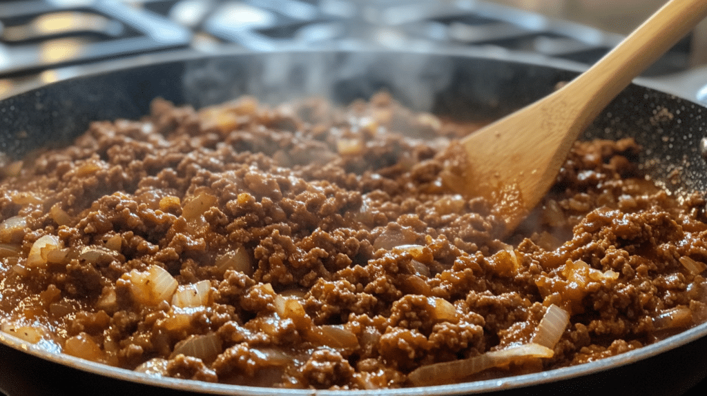 Ground beef being browned in a skillet with onions and garlic.